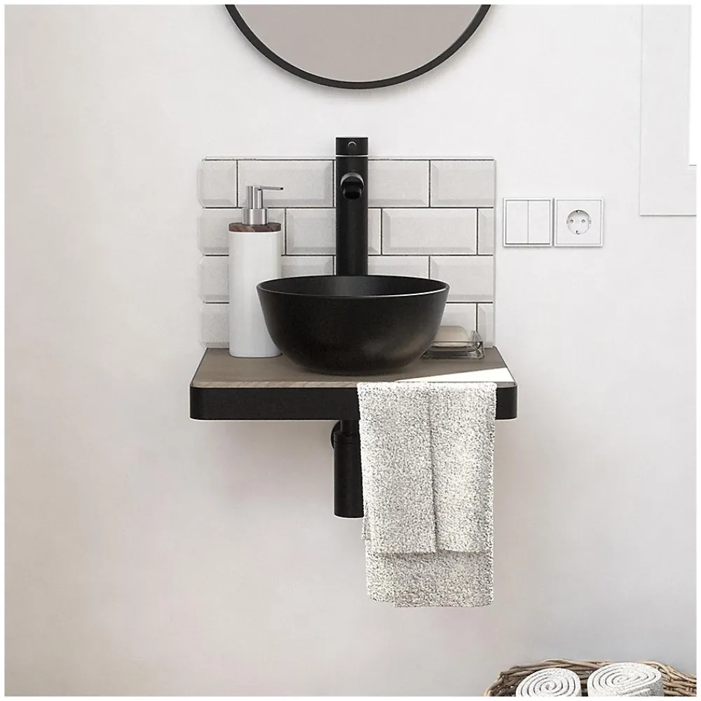 Mob-In Meuble lave-mains SOHO plan fin p-serviette face vasque noire + robinet