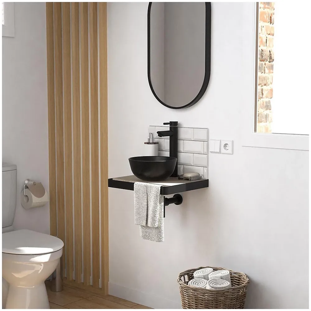 Mob-In Meuble lave-mains SOHO plan fin p-serviette face vasque noire + robinet