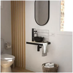 Meuble De Salle De Bains Faible Profondeur|Lave-Mains|Mob-In Meuble lave-mains SOHO plan fin p-serviette côté vasque noire + robinet