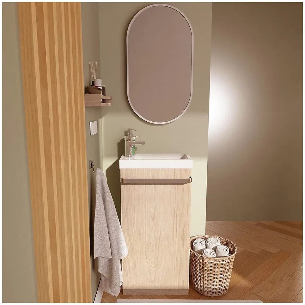 Meuble Wc|Mob-In Meuble lave-mains sur pieds JOHANN décor chêne + vasque + robinet + miroir