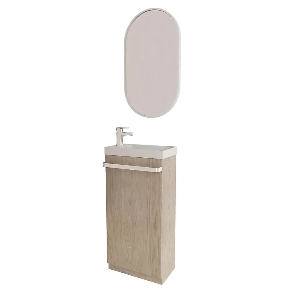 Meuble Wc|Mob-In Meuble lave-mains sur pieds JOHANN décor chêne + vasque + robinet + miroir