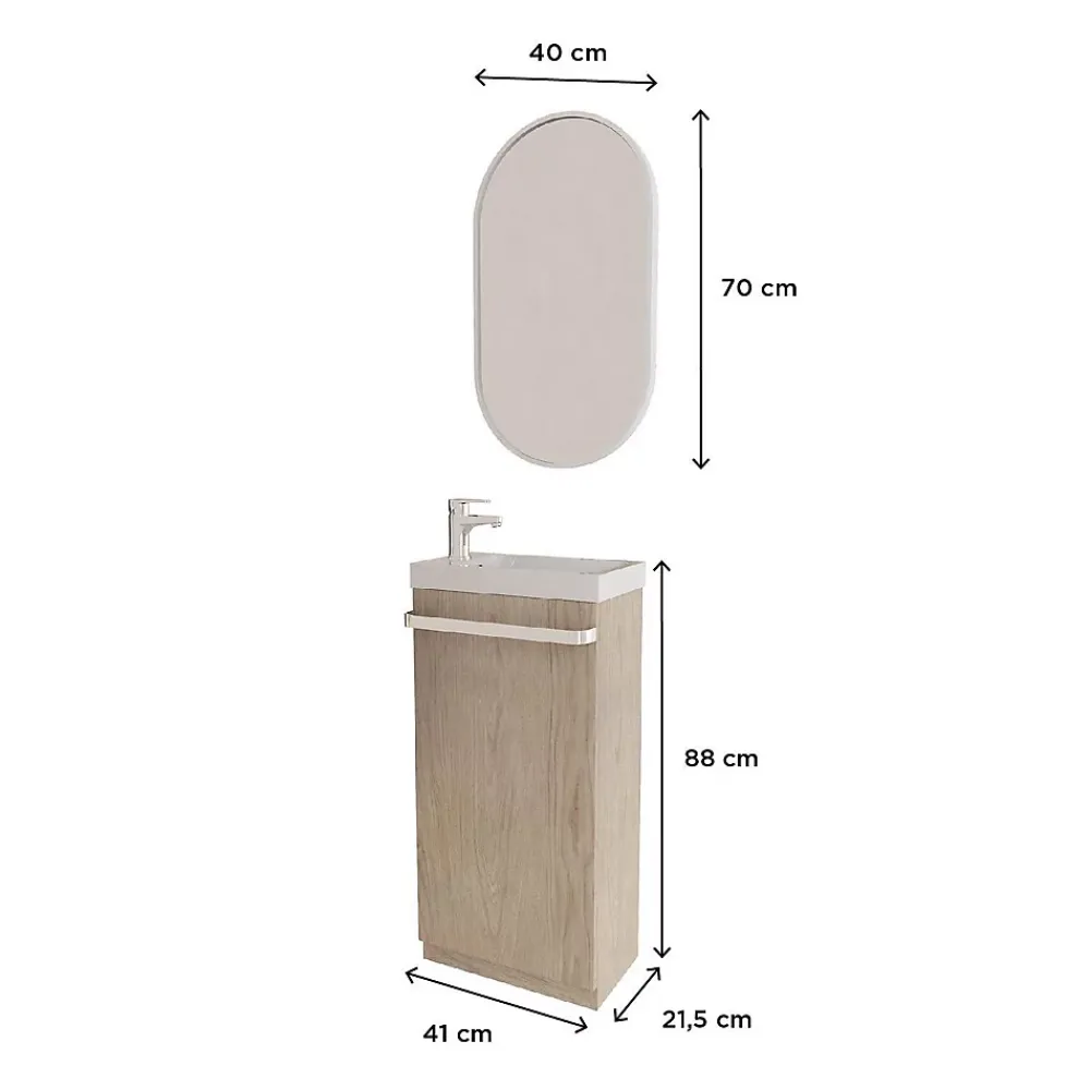 Meuble Wc|Mob-In Meuble lave-mains sur pieds JOHANN décor chêne + vasque + robinet + miroir