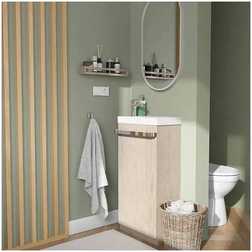 Meuble Wc|Mob-In Meuble lave-mains sur pieds JOHANN décor chêne + vasque + robinet + miroir