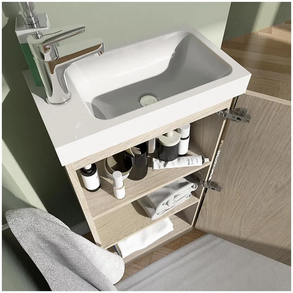 Meuble Wc|Mob-In Meuble lave-mains sur pieds JOHANN décor chêne + vasque + robinet + miroir