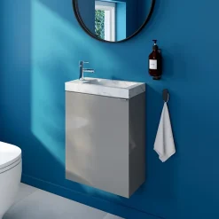 GoodHome Meuble lave-mains suspendu gris brillant l.44 cm Imandra + plan vasque effet marbre blanc,