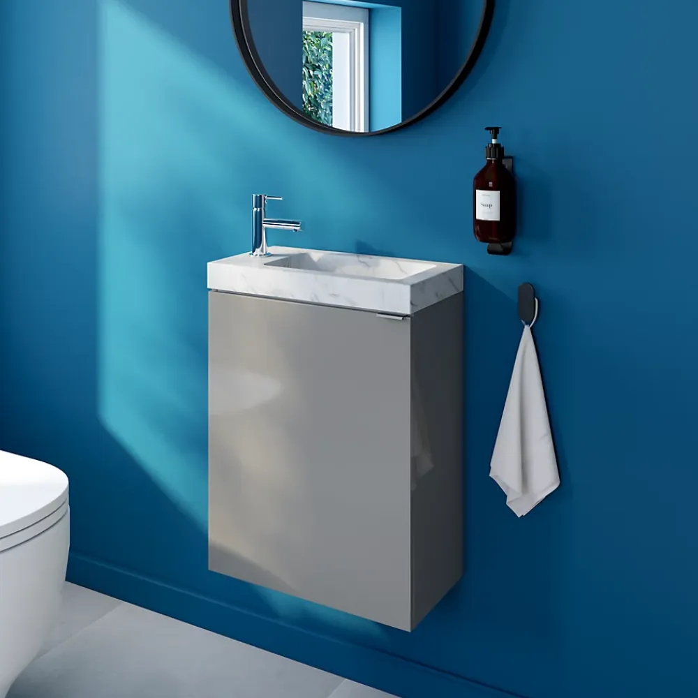 GoodHome Meuble lave-mains suspendu gris brillant l.44 cm Imandra + plan vasque effet marbre blanc,