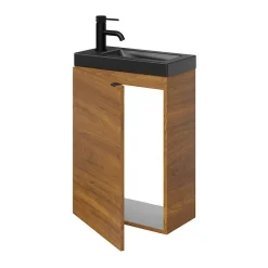 GoodHome Meuble lave-mains suspendu effet noyer l.44 cm Imandra + plan vasque noir céramique Nira,