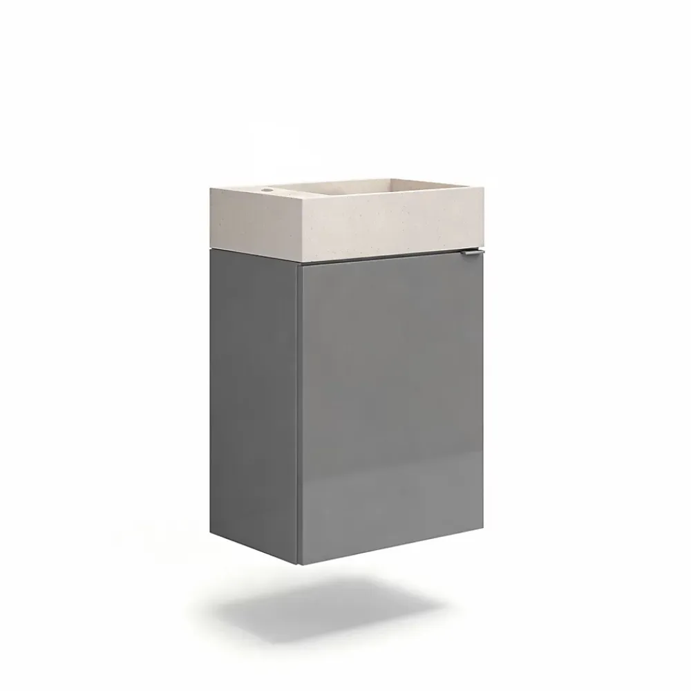 Lave-Mains| Meuble lave-mains suspendu gris brillant l.44 cm Imandra + plan vasque béton beige moucheté, GoodHome