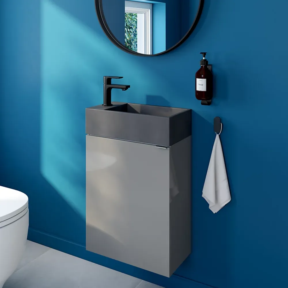 Meuble lave-mains suspendu gris brillant l.44 cm Imandra + plan vasque béton gris, GoodHome