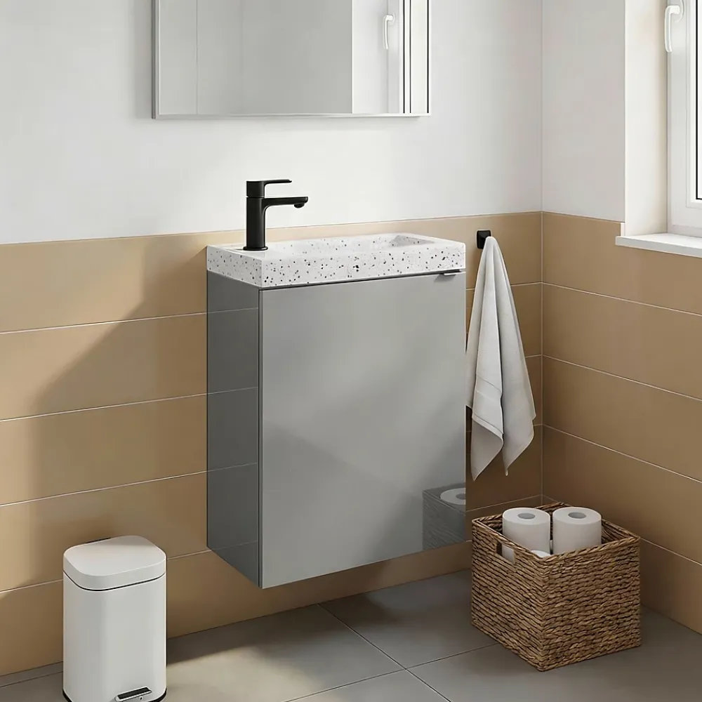 Lave-Mains| Meuble lave-mains suspendu gris brillant l.44 cm Imandra + plan vasque terrazzo, GoodHome