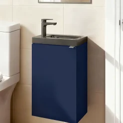 Lave-Mains|GoodHome Meuble lave-mains suspendu bleu nuit mat l.44 cm Imandra + plan vasque noir céramique Nira,