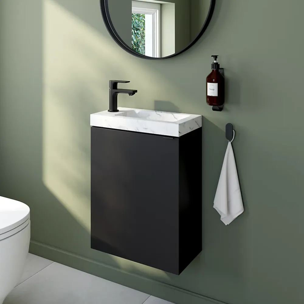 Homesight Meuble lave-mains suspendu noir mat l.44 cm Imandra + plan vasque effet marbre blanc, GoodHome