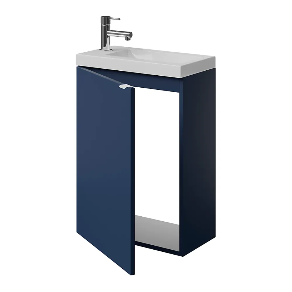 Lave-Mains|Meuble De Salle De Bains Faible Profondeur|GoodHome Meuble lave-mains suspendu bleu nuit mat l.44 cm Imandra + plan vasque blanc résine Beni,