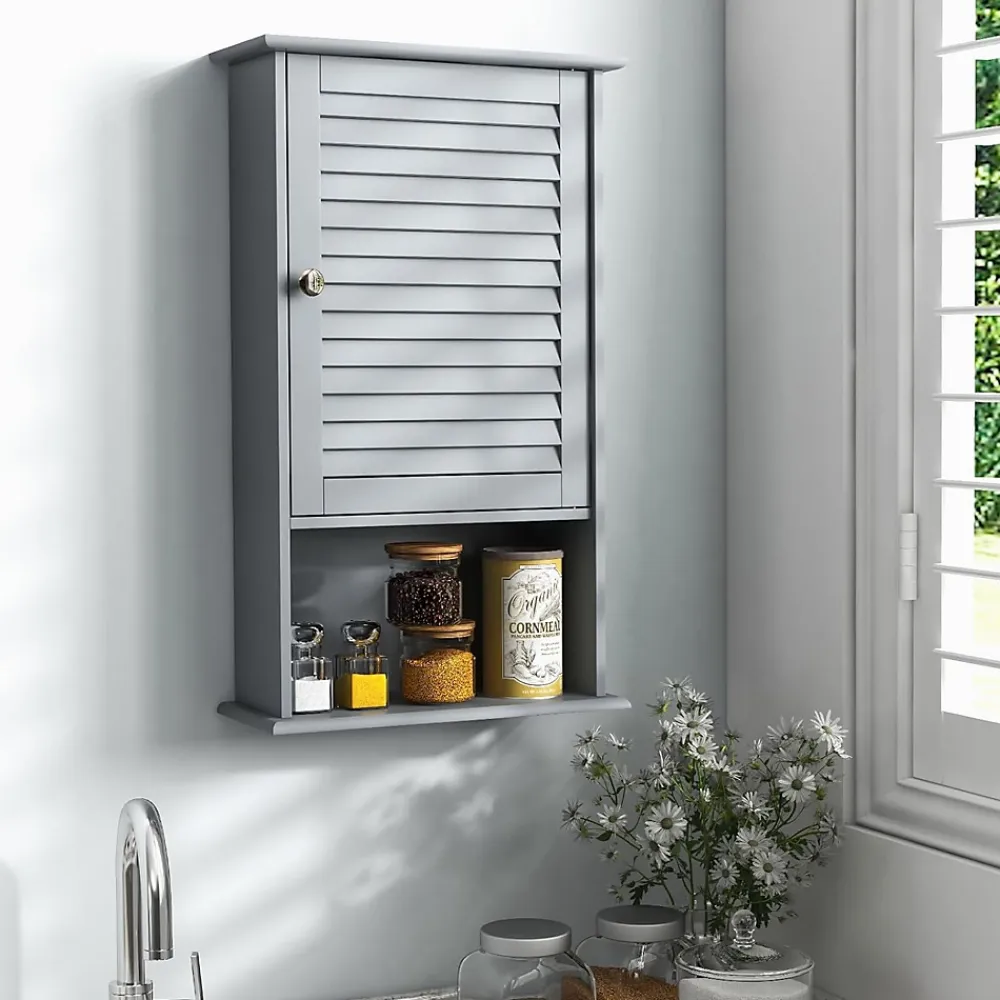 Armoire De Salle De Bains|Giantex Meuble Mural de Salle de Bain, avec Etagère Réglable,avec Porte Persienne et 1 Etagère Ouverte, 42x17x70cm (Gris)
