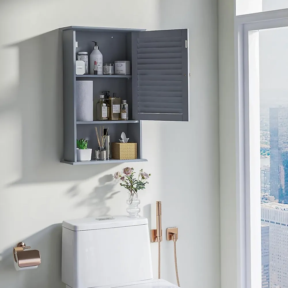 Armoire De Salle De Bains|Giantex Meuble Mural de Salle de Bain, avec Etagère Réglable,avec Porte Persienne et 1 Etagère Ouverte, 42x17x70cm (Gris)