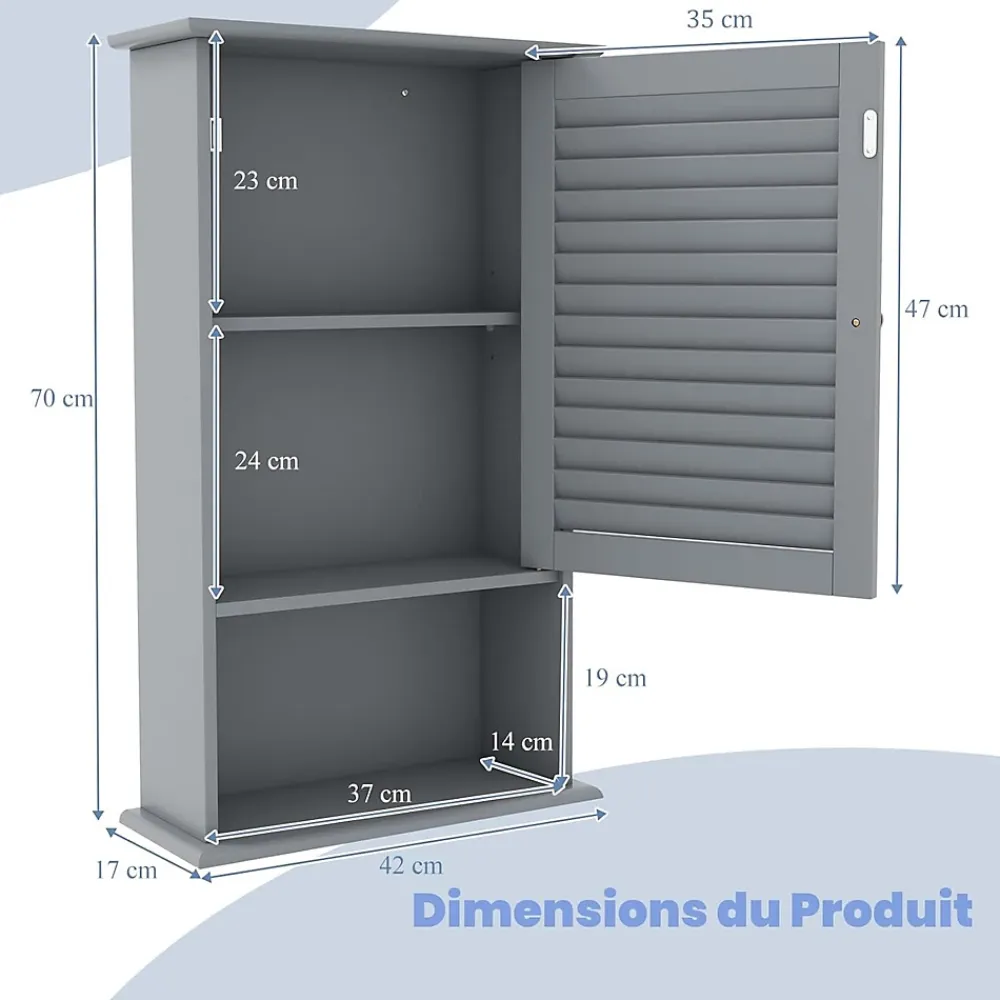 Armoire De Salle De Bains|Giantex Meuble Mural de Salle de Bain, avec Etagère Réglable,avec Porte Persienne et 1 Etagère Ouverte, 42x17x70cm (Gris)