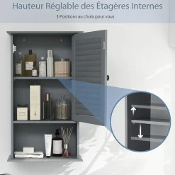 Armoire De Salle De Bains|Giantex Meuble Mural de Salle de Bain, avec Etagère Réglable,avec Porte Persienne et 1 Etagère Ouverte, 42x17x70cm (Gris)