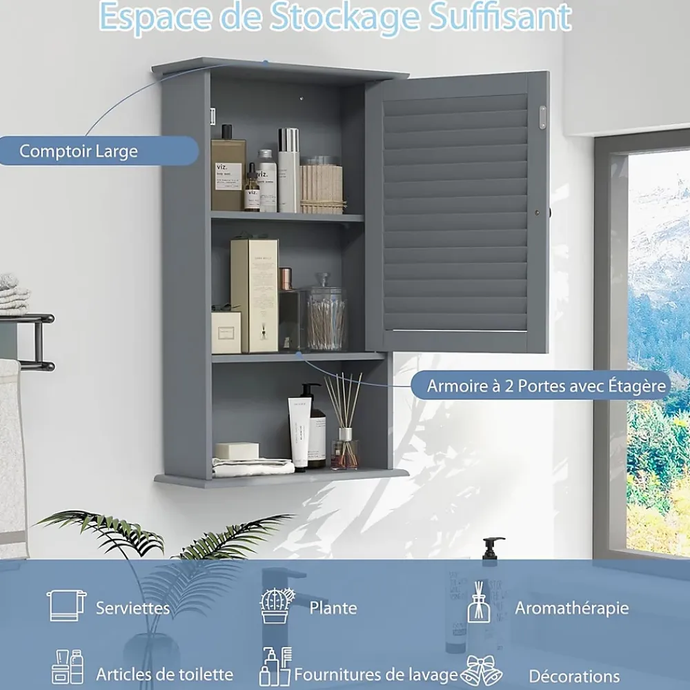 Armoire De Salle De Bains|Giantex Meuble Mural de Salle de Bain, avec Etagère Réglable,avec Porte Persienne et 1 Etagère Ouverte, 42x17x70cm (Gris)