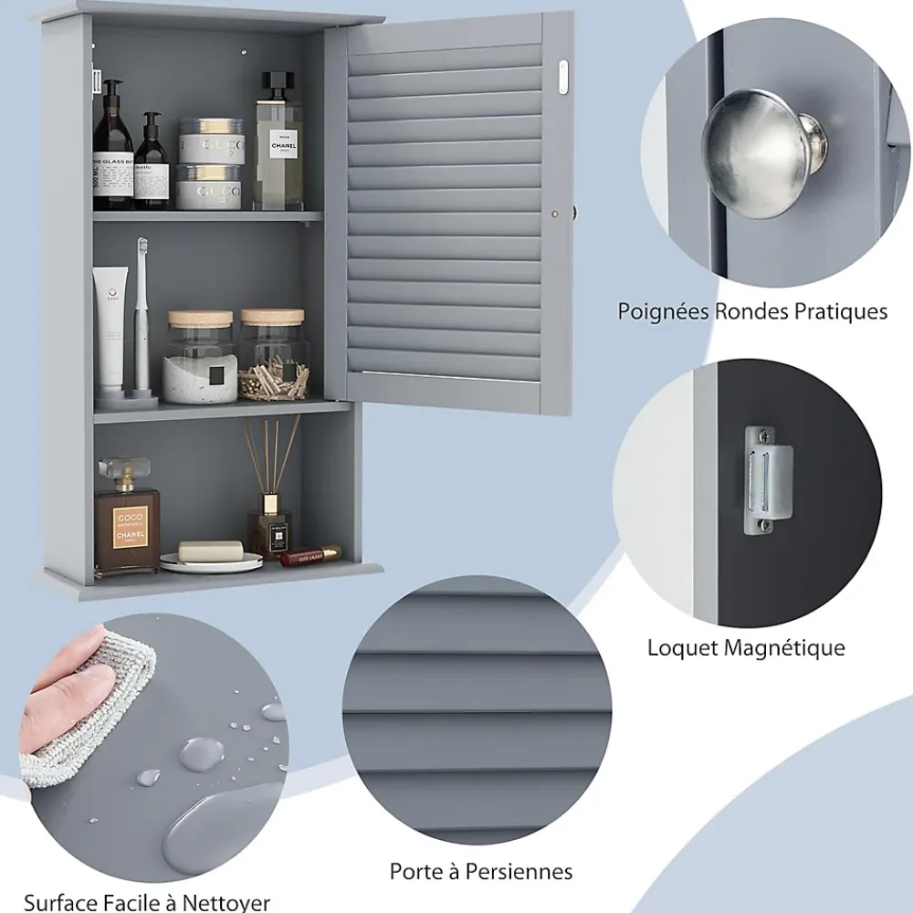 Armoire De Salle De Bains|Giantex Meuble Mural de Salle de Bain, avec Etagère Réglable,avec Porte Persienne et 1 Etagère Ouverte, 42x17x70cm (Gris)