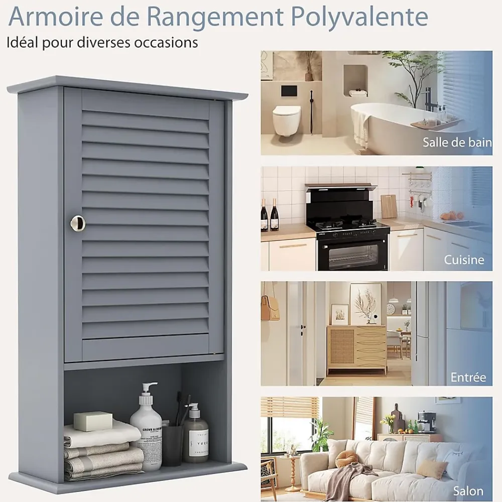 Armoire De Salle De Bains|Giantex Meuble Mural de Salle de Bain, avec Etagère Réglable,avec Porte Persienne et 1 Etagère Ouverte, 42x17x70cm (Gris)