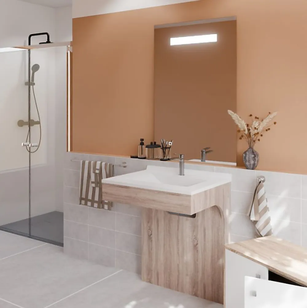 Ensemble Meuble De Salle De Bains|Cuisibane Meuble PMR ALTEA 70 cm avec plan vasque et miroir led ELEG Plus ht105