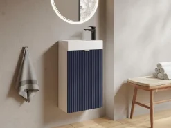 Meuble Wc|Vente-unique Meuble pour lave main strié caisson blanc et porte réversible bleue - H60 x L40 x P22 - VAHIRA