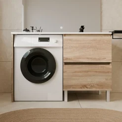 Meuble Vasque|Cuisibane Meuble pour lave-linge IDEA, plan vasque déportée 124 cm x 65 cm- Bois- Vasque à droite