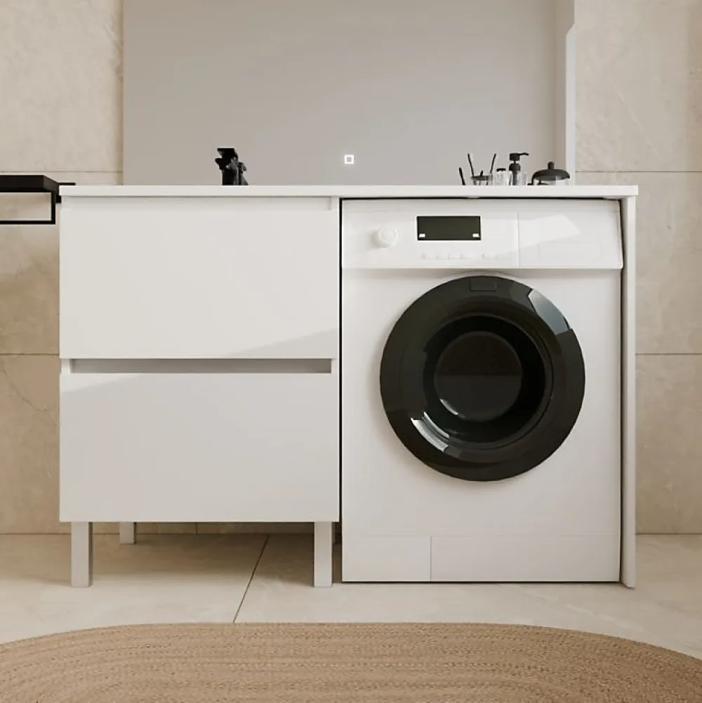 Meuble Vasque|Cuisibane Meuble pour lave-linge IDEA, plan vasque déportée 124 cm x 65 cm- Blanc- Vasque à gauche