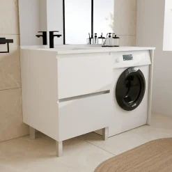 Meuble Vasque|Cuisibane Meuble pour lave-linge IDEA, plan vasque déportée 124 cm x 65 cm- Blanc- Vasque à gauche