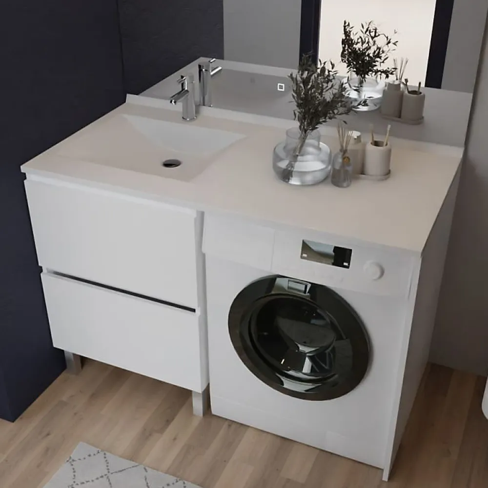 Meuble Vasque|Cuisibane Meuble pour lave-linge IDEA, plan vasque déportée 124 cm x 65 cm- Blanc- Vasque à gauche