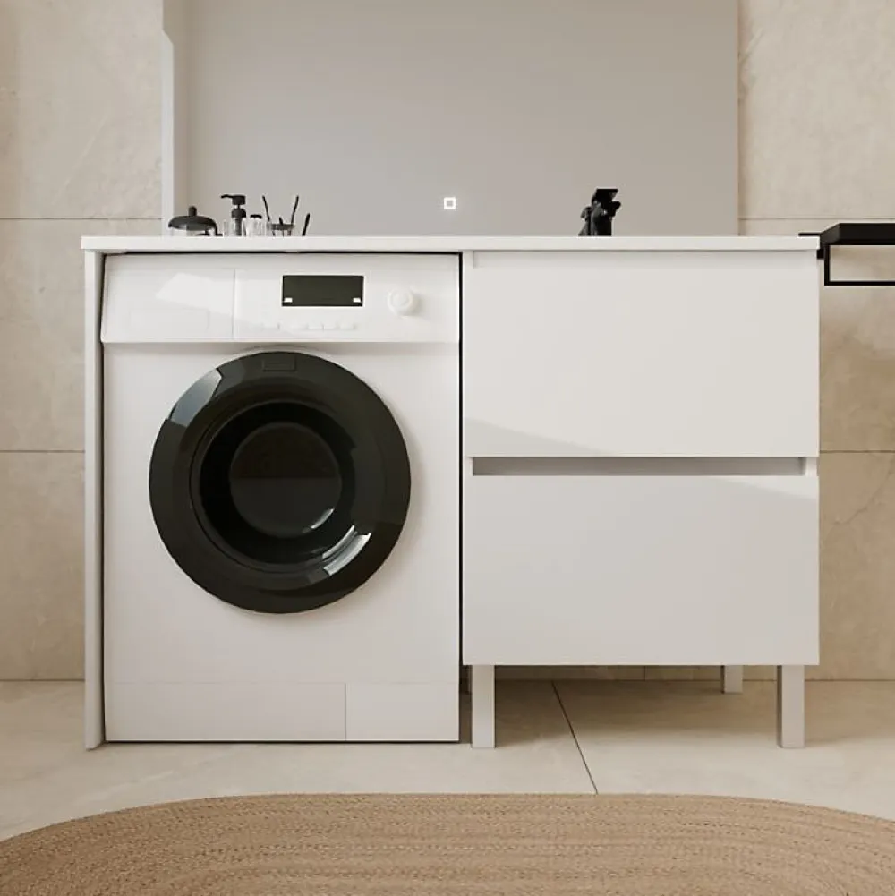 Cuisibane Meuble pour lave-linge IDEA, plan vasque déportée 124 cm x 65 cm- Blanc- Vasque à droite