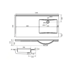 Cuisibane Meuble pour lave-linge IDEA, plan vasque déportée 124 cm x 65 cm- Blanc- Vasque à droite