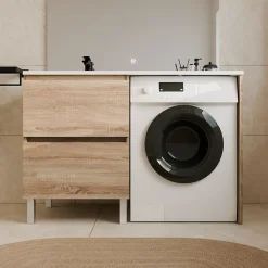 Cuisibane Meuble pour lave-linge IDEA, plan vasque déportée 124 cm x 65 cm- Bois- Vasque à gauche