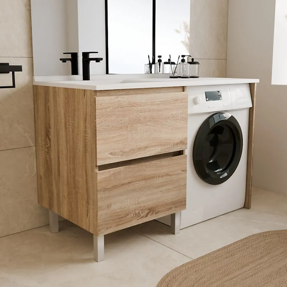 Cuisibane Meuble pour lave-linge IDEA, plan vasque déportée 124 cm x 65 cm- Bois- Vasque à gauche