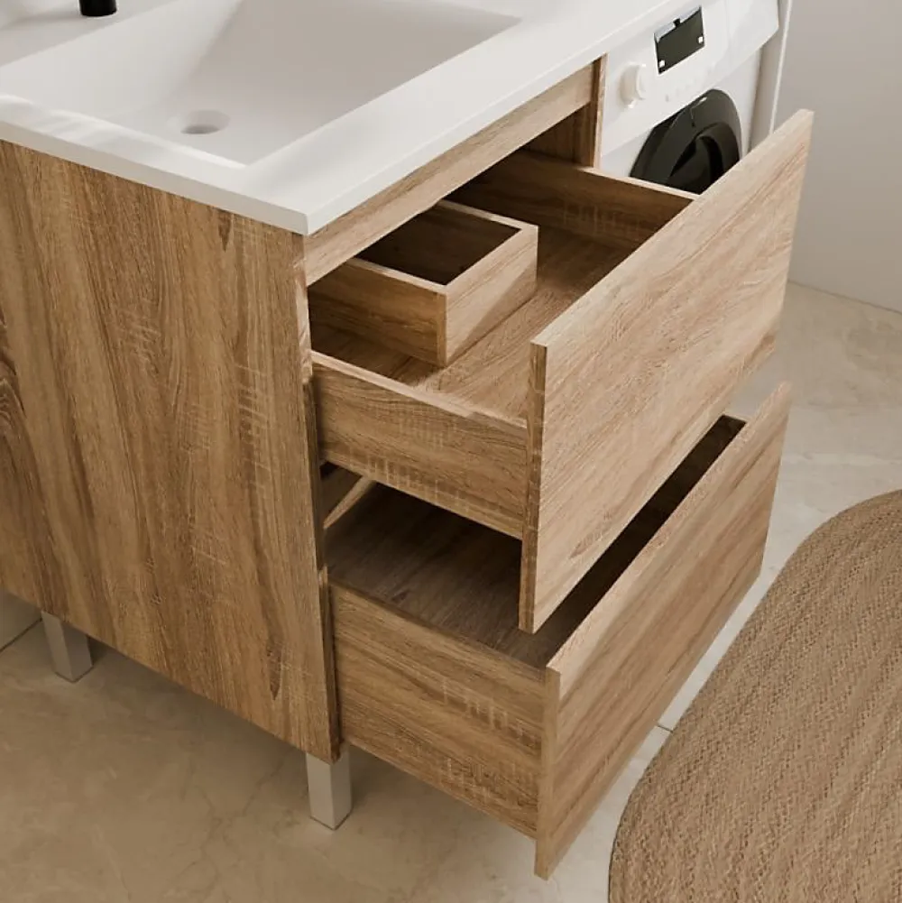 Cuisibane Meuble pour lave-linge IDEA, plan vasque déportée 124 cm x 65 cm- Bois- Vasque à gauche