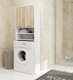 Rangement Buanderie|Meuble De Salle De Bains Faible Profondeur|Akord Furniture Factory Meuble pour machine à laver AKORD FIN Blanche 64 cm 2 portes façade Chêne Sonoma 4 étagères 64x30x180 cm