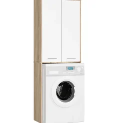 Rangement Buanderie|Akord Furniture Factory Meuble pour machine à laver AKORD FIN Chêne Sonoma 64 cm 2 portes façade Blanche 4 étagères 64x30x180 cm