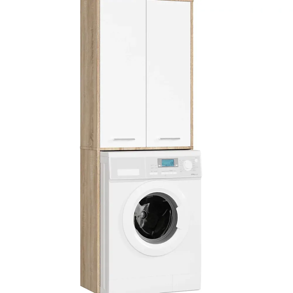 Rangement Buanderie|Akord Furniture Factory Meuble pour machine à laver AKORD FIN Chêne Sonoma 64 cm 2 portes façade Blanche 4 étagères 64x30x180 cm