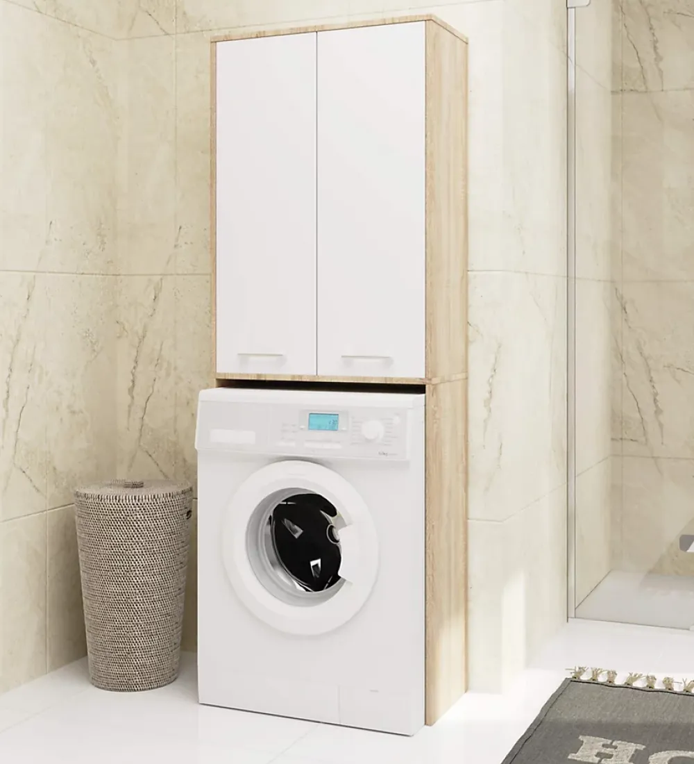 Rangement Buanderie|Akord Furniture Factory Meuble pour machine à laver AKORD FIN Chêne Sonoma 64 cm 2 portes façade Blanche 4 étagères 64x30x180 cm