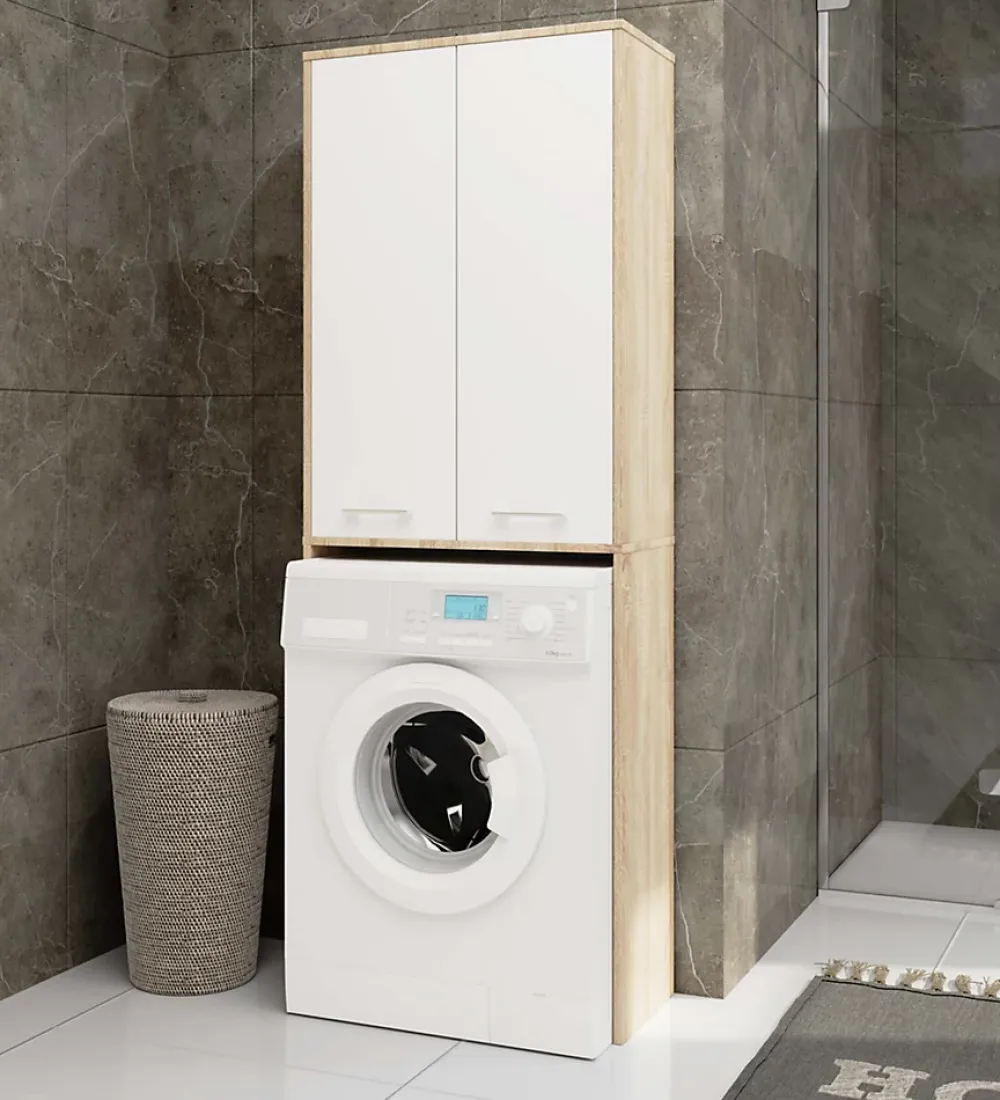 Rangement Buanderie|Akord Furniture Factory Meuble pour machine à laver AKORD FIN Chêne Sonoma 64 cm 2 portes façade Blanche 4 étagères 64x30x180 cm