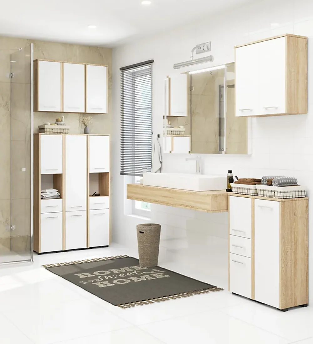 Rangement Buanderie|Meuble De Salle De Bains Faible Profondeur|Akord Furniture Factory Meuble pour machine à laver AKORD FIN Chêne Sonoma 64 cm 2 portes façade Blanche 4 étagères 64x30x180 cm