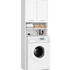 Rangement Buanderie|Meuble De Salle De Bains Faible Profondeur|Akord Furniture Factory Meuble pour machine à laver AKORD FIN Blanche 64 cm 2 portes façade Blanche 4 étagères 64x30x180 cm
