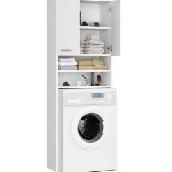 Rangement Buanderie|Meuble De Salle De Bains Faible Profondeur|Akord Furniture Factory Meuble pour machine à laver AKORD FIN Blanche 64 cm 2 portes façade Blanche 4 étagères 64x30x180 cm