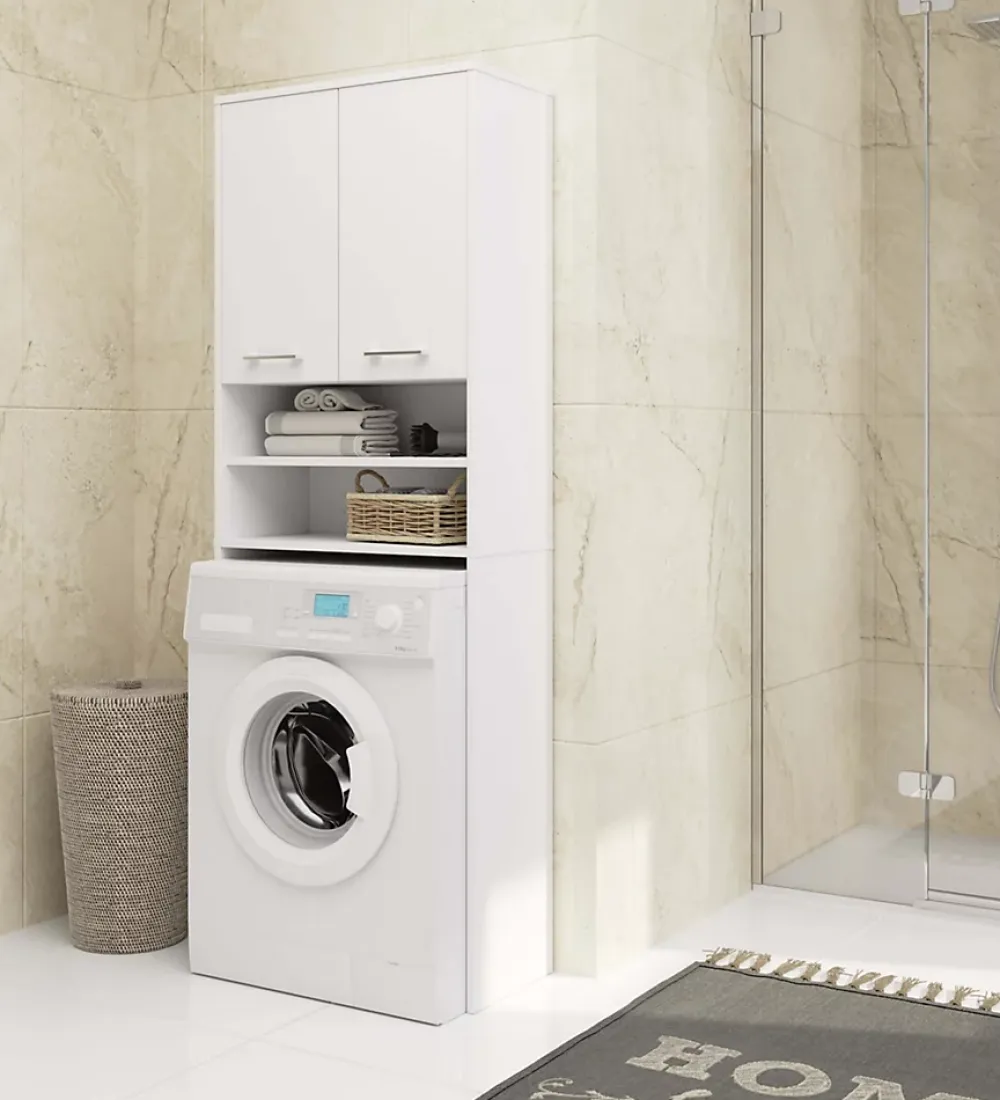 Rangement Buanderie|Meuble De Salle De Bains Faible Profondeur|Akord Furniture Factory Meuble pour machine à laver AKORD FIN Blanche 64 cm 2 portes façade Blanche 4 étagères 64x30x180 cm