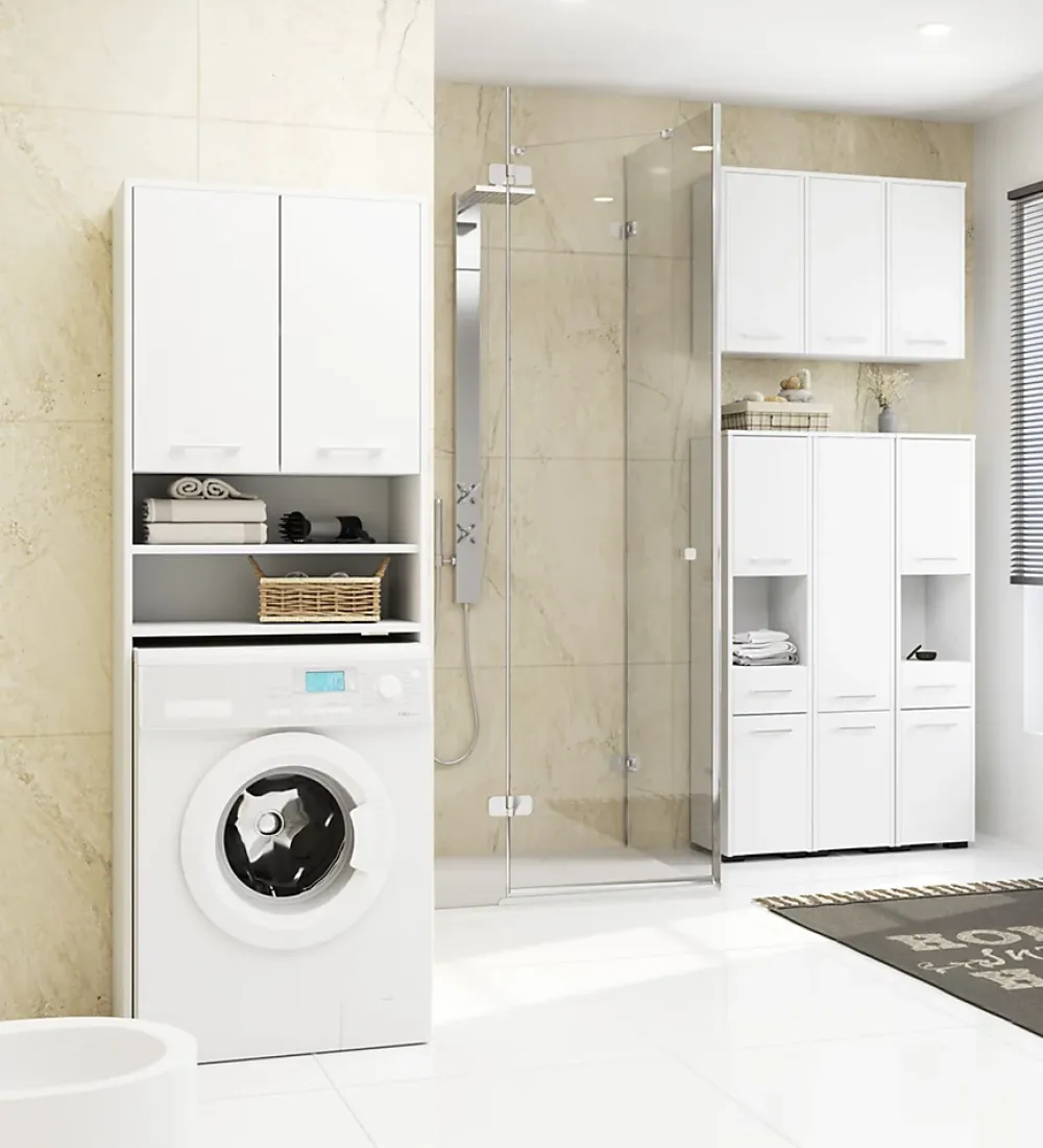 Rangement Buanderie|Meuble De Salle De Bains Faible Profondeur|Akord Furniture Factory Meuble pour machine à laver AKORD FIN Blanche 64 cm 2 portes façade Blanche 4 étagères 64x30x180 cm