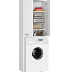 Rangement Buanderie|Akord Furniture Factory Meuble pour machine à laver AKORD FIN Blanche 64 cm 2 portes façade Blanche 4 étagères 64x30x180 cm