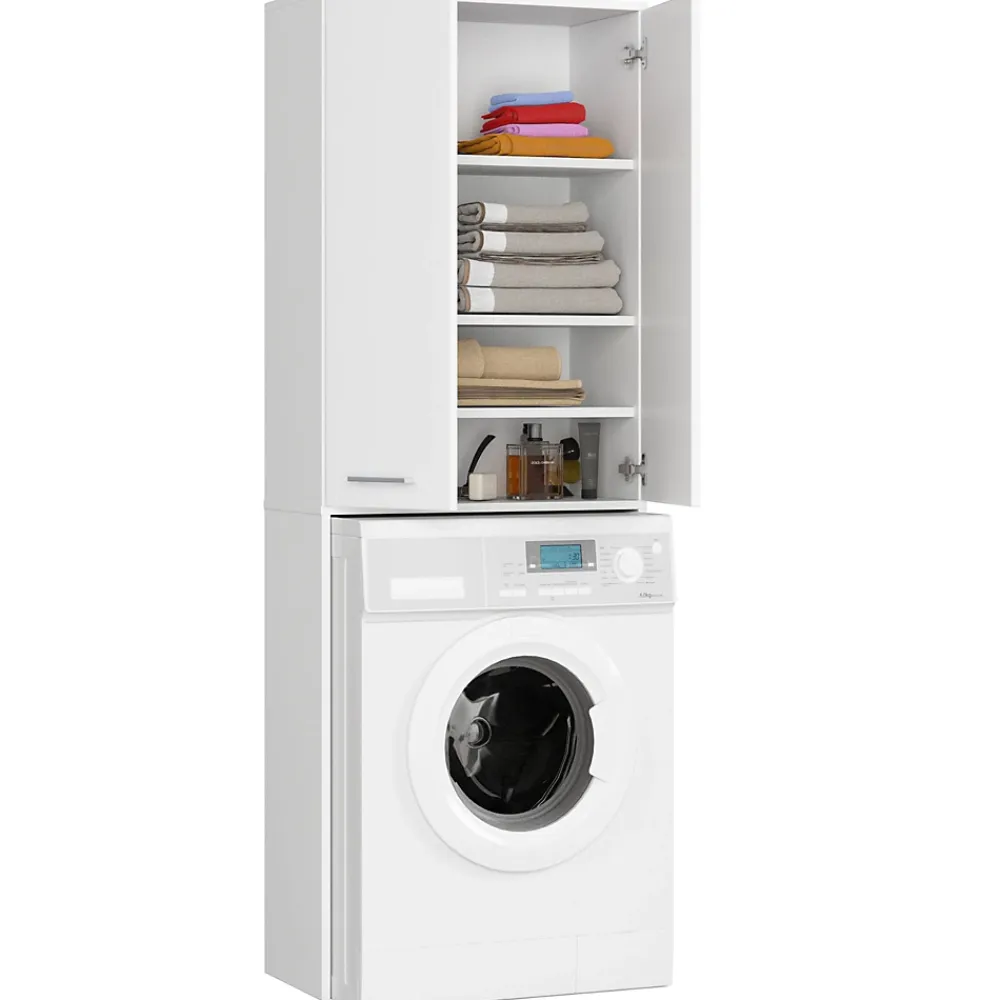 Rangement Buanderie|Akord Furniture Factory Meuble pour machine à laver AKORD FIN Blanche 64 cm 2 portes façade Blanche 4 étagères 64x30x180 cm