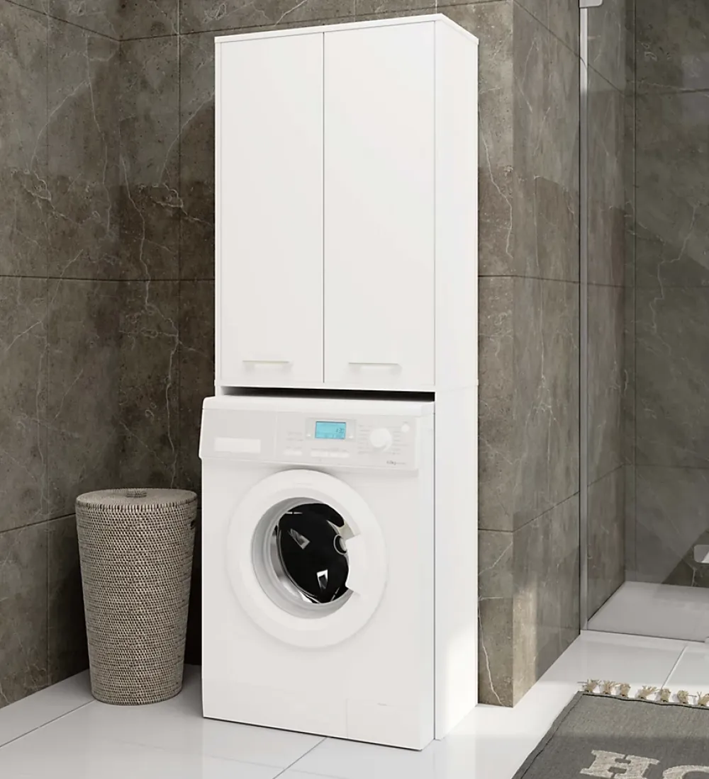 Rangement Buanderie|Akord Furniture Factory Meuble pour machine à laver AKORD FIN Blanche 64 cm 2 portes façade Blanche 4 étagères 64x30x180 cm