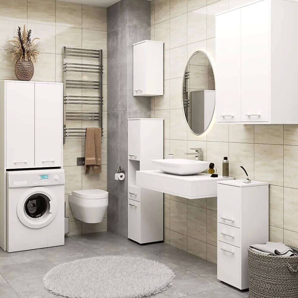 Rangement Buanderie|Akord Furniture Factory Meuble pour machine à laver AKORD FIN Blanche 64 cm 2 portes façade Blanche 4 étagères 64x30x180 cm