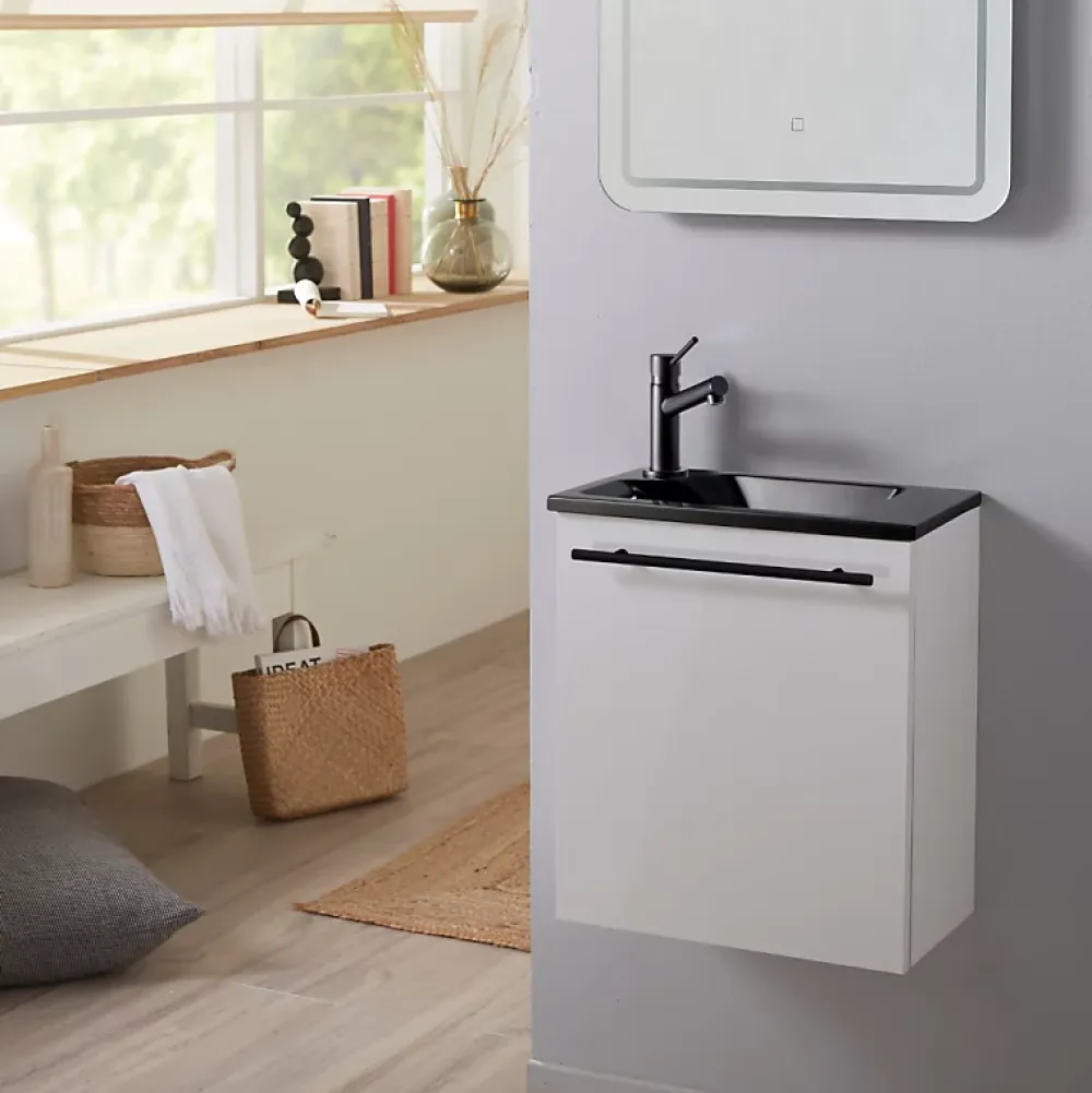 Lave-Mains|Planète Bain Meuble pour wc blanc avec lave mains design noir et mitigeur noir